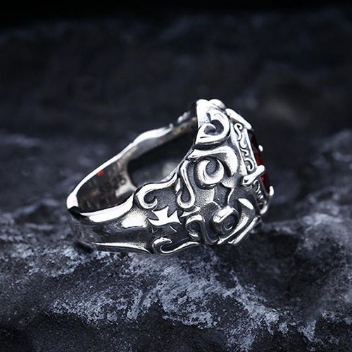 Vintage Silver-Tone Ornate Scrollwork Garnet Ring: Cross Claw-Set Red Gem Statement Piece