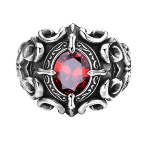 Vintage Silver-Tone Ornate Scrollwork Garnet Ring: Cross Claw-Set Red Gem Statement Piece
