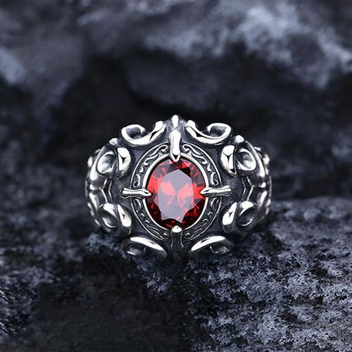 Vintage Silver-Tone Ornate Scrollwork Garnet Ring: Cross Claw-Set Red Gem Statement Piece