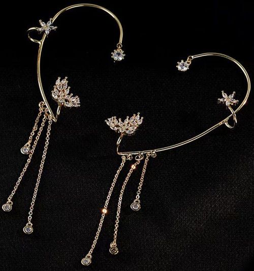 Crystal-Embellished Long Tassel Wrap-Around Ear Cuff (Star & Leaf Design)