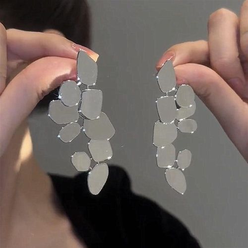 Silver-Tone Irregular Leaf Fragment Mirror-Finish Long Drop Earrings