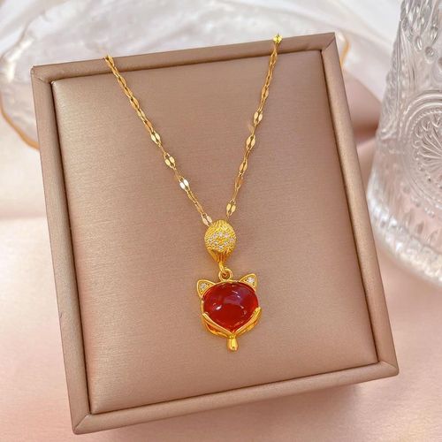 Rose Gold Fox Pendant Necklace: Luminous Red Gemstone with Sparkling Crystal Accents