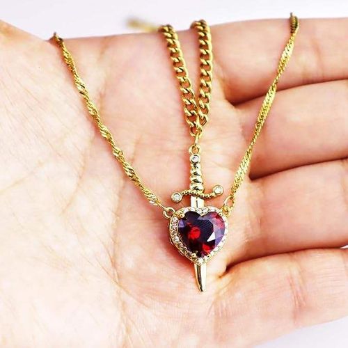Edgy Layered Sword-Heart Necklace with Red Cubic Zirconia Pendant