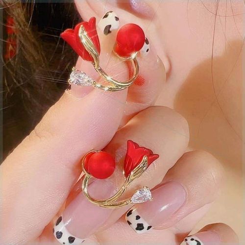 Longer Style Light Luxury Red Micro-Inlaid Zircon Tulip Flower & Pearl Drop Earrings