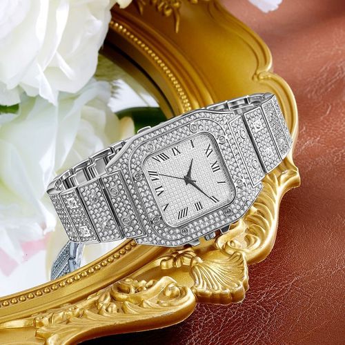 Fashion Square Moissanite - Inlaid Starry - Sky Roman Numeral Unisex Quartz Watch: Shine with Classic Elegance