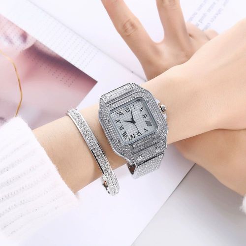 Fashion Square Moissanite - Inlaid Starry - Sky Roman Numeral Unisex Quartz Watch: Shine with Classic Elegance