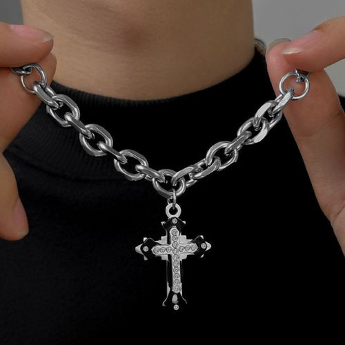 Necklace for men Instagram Hip Hop women Cool trend diamond-encrusted cross pendant High street punk titanium steel hoodie chain accessories  0312