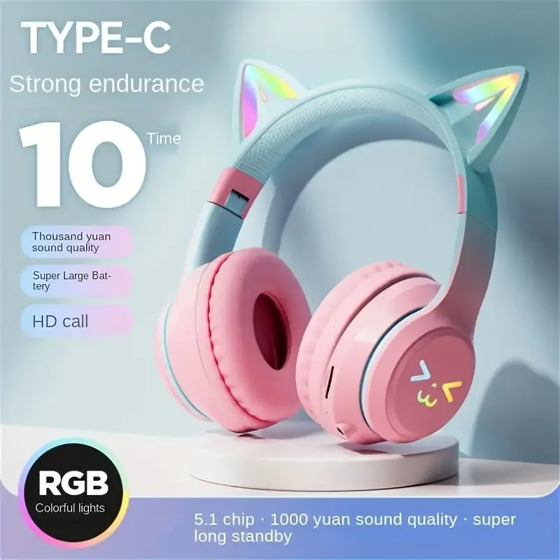 Eyd Type-C Wireless earphones for Cat ears - Foldable and color-changing HIFI surround sound, comfortable fit, long battery life, touch control, wireless listening to music | Unique cat ear | cushions