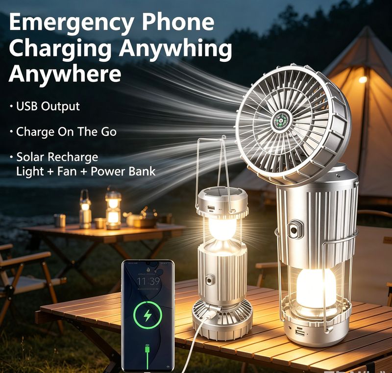 (Big Sale ⛄) Solar camping fan lamp, the upgraded version features three fan speeds and LED lighting function, along with a 30000 mAh ultra-energy-saving design.