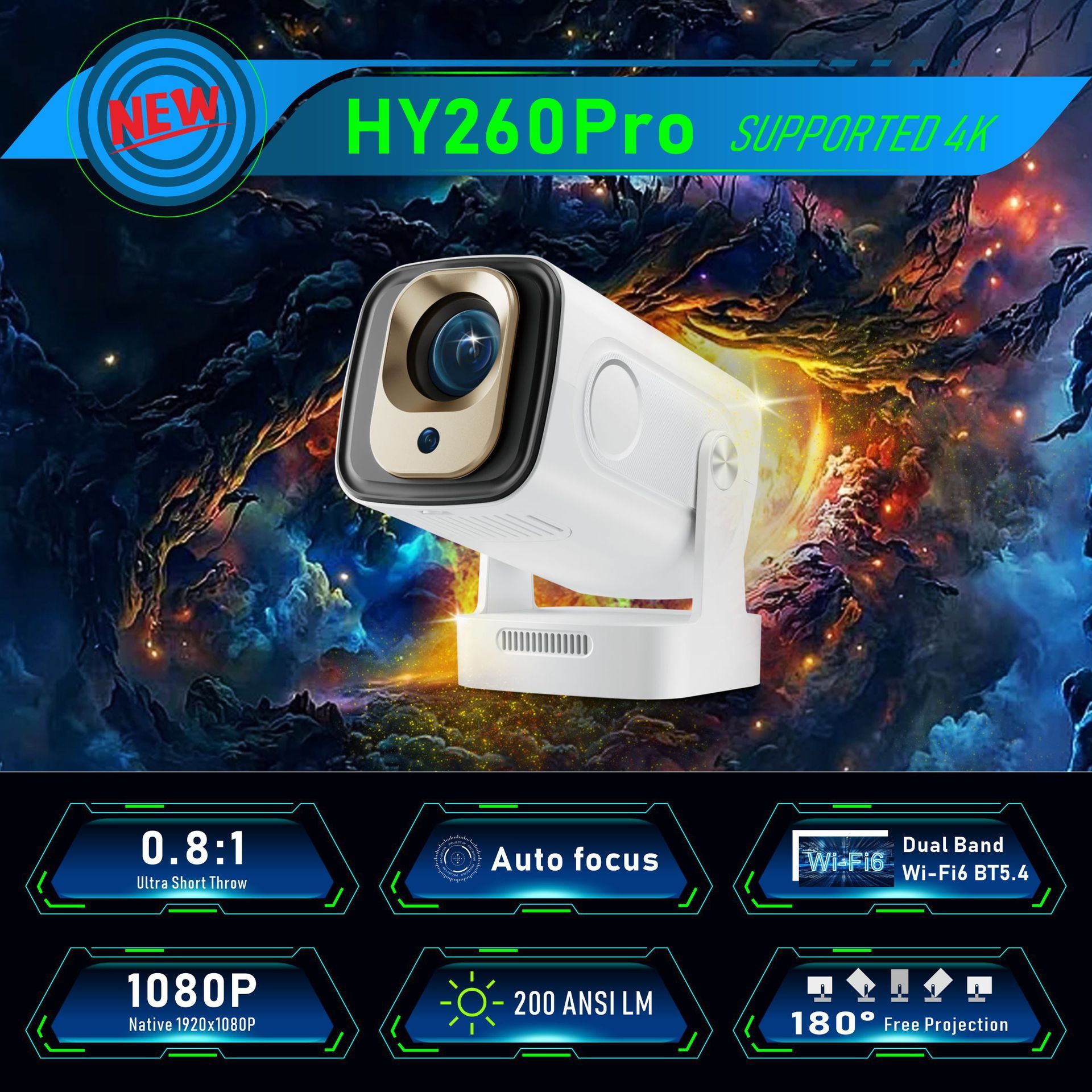 HY260Pro ultra-clear 4K projector +HIFI dual speakers
