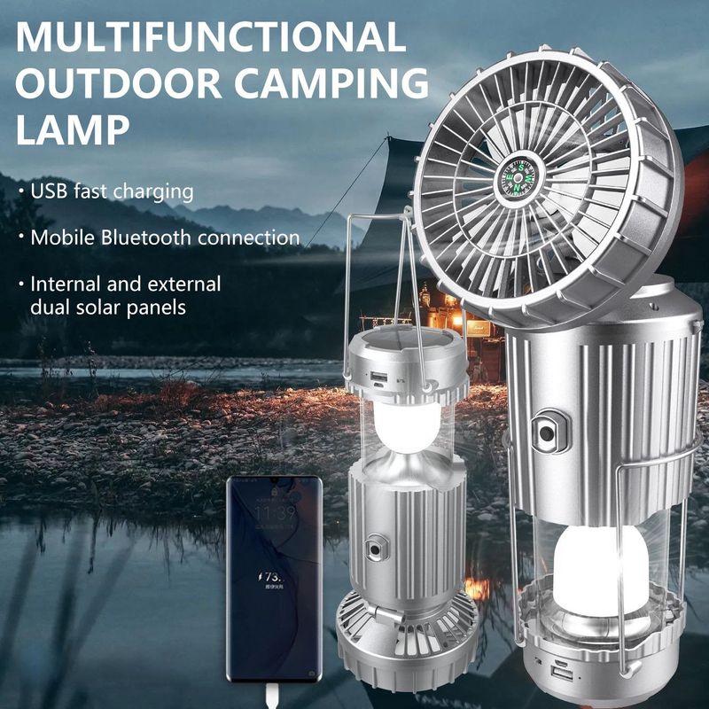 (Big Sale Alert ⛄) High-power solar camping fan lamp, upgraded version featuring three-speed settings, LED lighting function, and 30000mAh ultra-energy-saving design.