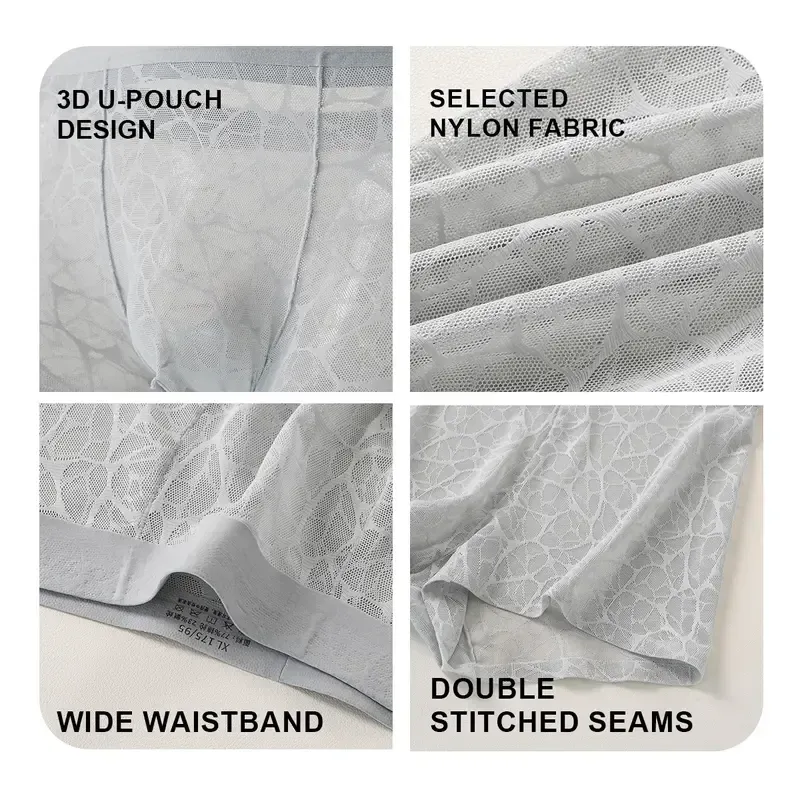 Men's Ice Silk Sexy Seamless Ultra-Thin Lace Mesh Scented Modal Negative Ion Bacteria Resistant Boxer Briefs with Floral Oil Anti-Odor Cooling Comfort