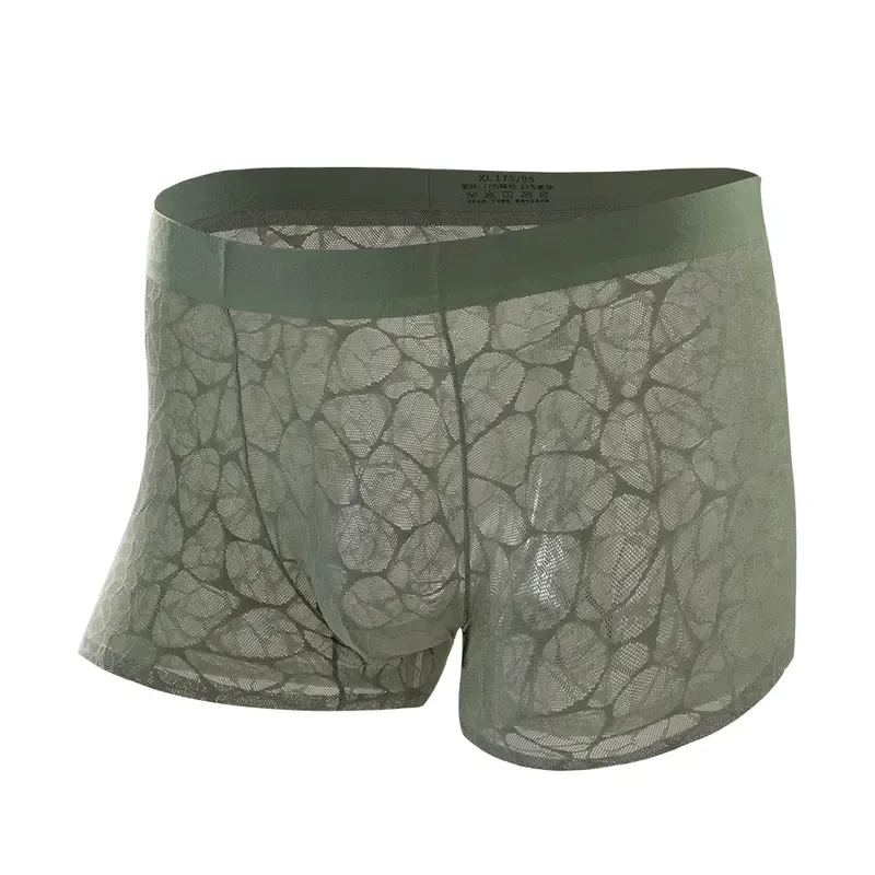 Men's Ice Silk Sexy Seamless Ultra-Thin Lace Mesh Scented Modal Negative Ion Bacteria Resistant Boxer Briefs with Floral Oil Anti-Odor Cooling Comfort