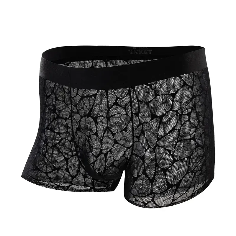 Men's Ice Silk Sexy Seamless Ultra-Thin Lace Mesh Scented Modal Negative Ion Bacteria Resistant Boxer Briefs with Floral Oil Anti-Odor Cooling Comfort