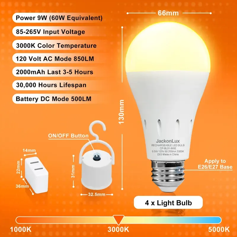4 Pack Rechargeable Emergency Light Bulbs
