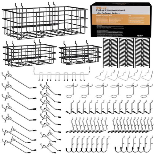 Pegboard Hooks Organizer Accessories Set, Including 3 Packs Pegboard Baskets eg Board Hooks Accessory Kit Hanging Tools for Garage Storage Wall Attachment