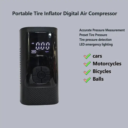 Compressor de ar portátil de 12 V - Inflador de pneus com medidor de pressão digital - Para pneus de carro, moto, SUV, bicicleta elétrica, bicicleta, bolas desportivas, bateria e luz LED
