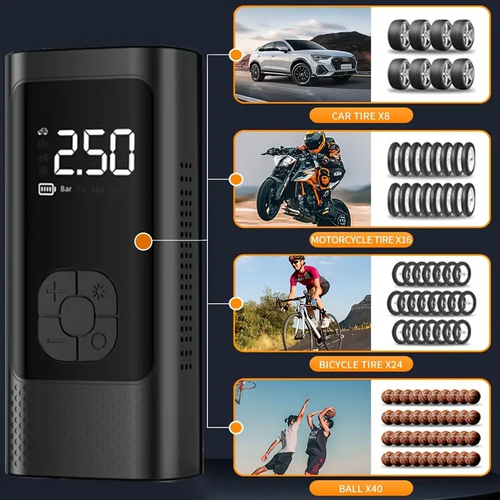 Compressor de ar portátil de 12 V - Inflador de pneus com medidor de pressão digital - Para pneus de carro, moto, SUV, bicicleta elétrica, bicicleta, bolas desportivas, bateria e luz LED