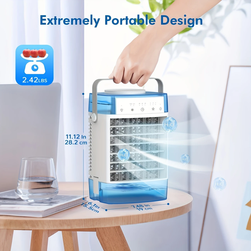 Ventilador de mesa portátil, ventilador de nebulização de 11 polegadas, 2 modos de nebulização, mini ventilador de mesa USB de 3 velocidades com função de temporizador e controlo remoto, depósitos de água duplos, ventilador de refrigeração para quarto, escritório e campismo.