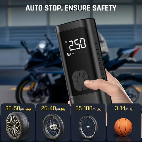 Compressor de ar portátil de 12 V - Inflador de pneus com medidor de pressão digital - Para pneus de carro, moto, SUV, bicicleta elétrica, bicicleta, bolas desportivas, bateria e luz LED