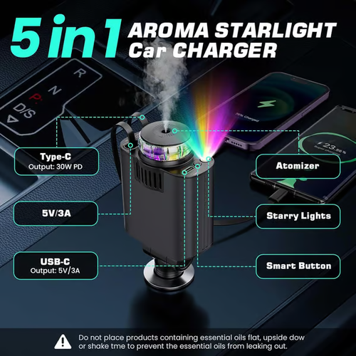 Carregador de luz ambiente de aromaterapia 3 em 1 para automóvel