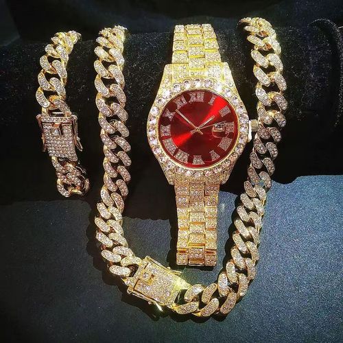 European and American men's personalized hip-hop Roman diamond set luxury three piece set
