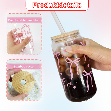 Personalized Cups with Bows-Can Shaped Glass with Lids and Straws-18OZ Bow Decor Iced Coffee Cups -Cute Glass Tumbler Birthday Thanksgiving Christmas Gift for Women