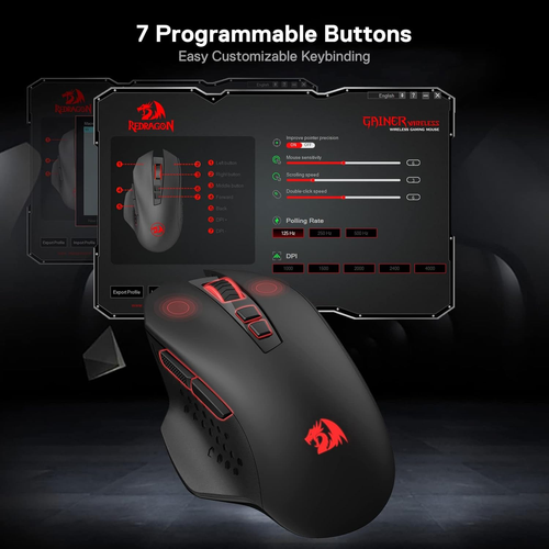 Redragon Gainer Wireless Gaming Mouse with 7 Programmable Buttons, 5 Adjustable DPI Levels & 2.4G Stable Wireless Connection