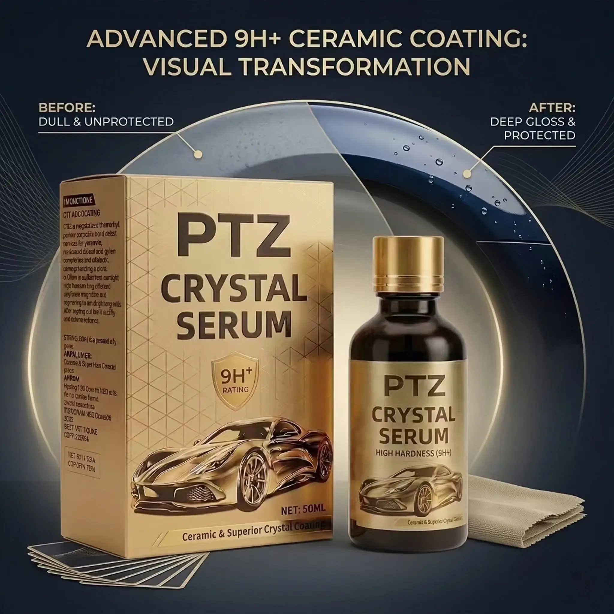 PTZ Crystal Serum – Premium Graphene Ceramic Car Coating (50ml), 9H Graphene Coating, Suitable for Car Detailing, Provides Long-lasting Car Protection for Over 10 Years, Glossy Hydrophobic and Scratch Resistant