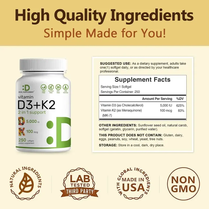 Supplement Vitamin D3 & K2 250 Veggie Softgels 5000 IU D3 100mcg K2 MK7 Supports Healthy Bones Teeth Heart & Immune System Calcium Supplementeal Supplement Vitamin D3 & K2 250 Veggie Softgels 5000 IU D3 100mcg K2 MK7 Supports Healthy Bones Teeth Heart & Immune System Calcium Supplement