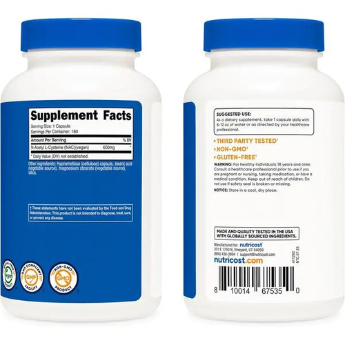 Nutricost N-Acetyl L-Cysteine (NAC) 600mg, 180 Capsules - Non-GMO, Gluten Free