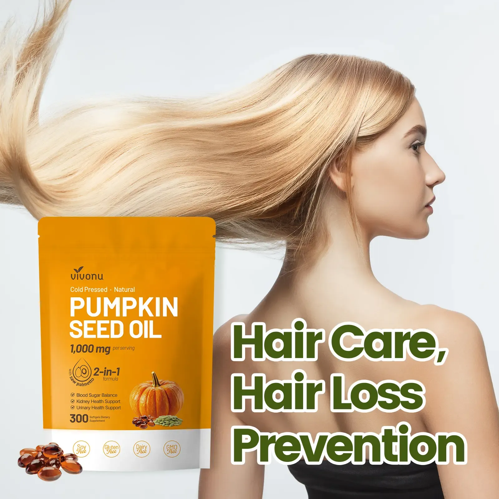 Natural Pumpkin Seed Oil & Saw Palmetto Softgels 3000mg High Content Plant Esters 300 Capsules Supplement for Hair and Prostate Support Cold Pressed Non-GMO Healthcare Formula