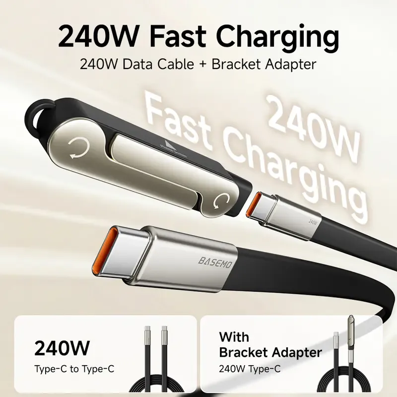 240W SuperCharge 360° Rotating Invisible Stand Detachable 2-in-1 Charging Cable, Zinc Alloy Silicone Type-C Cable, Compatible with Apple and Samsung, Essential for Gaming, Office and Car Use | Single Head, Set.extend