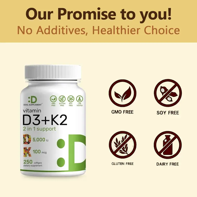 Supplement Vitamin D3 & K2 250 Veggie Softgels 5000 IU D3 100mcg K2 MK7 Supports Healthy Bones Teeth Heart & Immune System Calcium Supplementeal Supplement Vitamin D3 & K2 250 Veggie Softgels 5000 IU D3 100mcg K2 MK7 Supports Healthy Bones Teeth Heart & Immune System Calcium Supplement