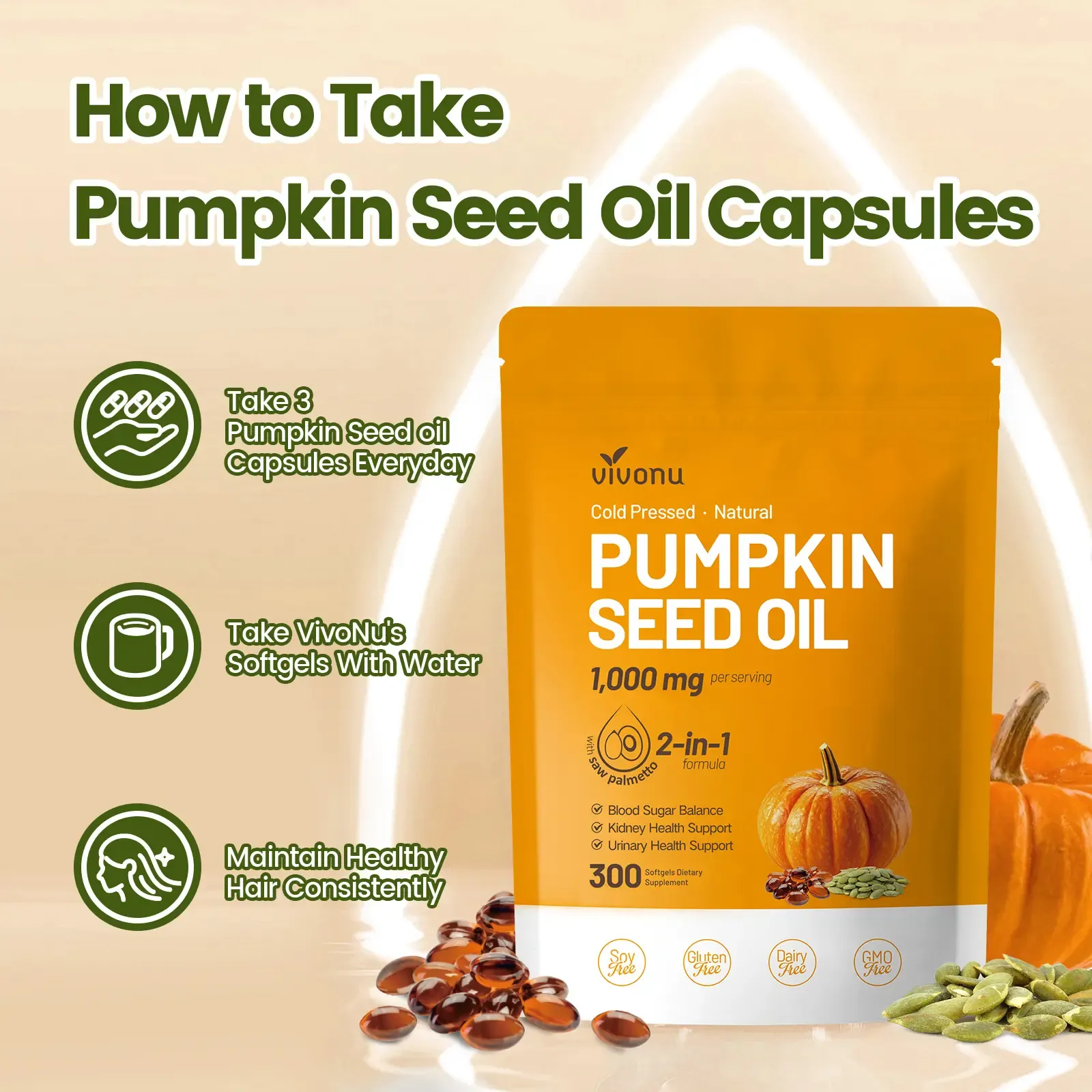 Natural Pumpkin Seed Oil & Saw Palmetto Softgels 3000mg High Content Plant Esters 300 Capsules Supplement for Hair and Prostate Support Cold Pressed Non-GMO Healthcare Formula