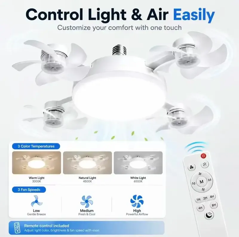 MREGB 2026 New E27 Socket Ceiling Fan Light - 2-in-1 Silent LED
