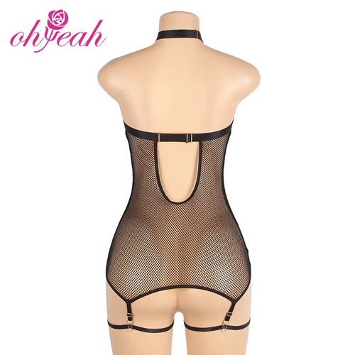 Sexy black lingerie  patent leather mesh splicing