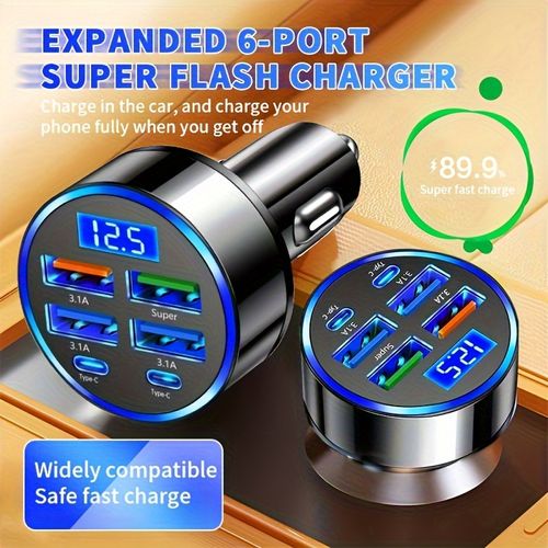 New 6-in-1 Car Charger with Multi Ports & Digital Display, Supports Super Fast Charging, 6 Ports with Voltage Detection, 1-to-6 Car Charger