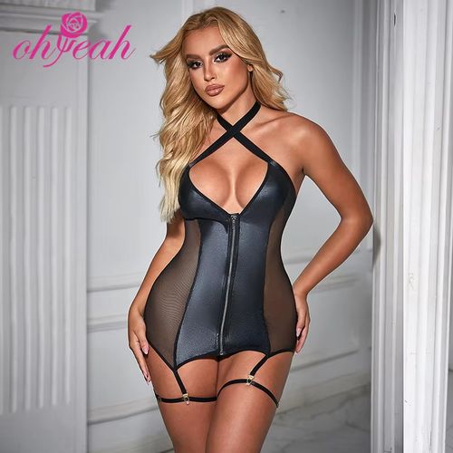 Sexy black lingerie  patent leather mesh splicing