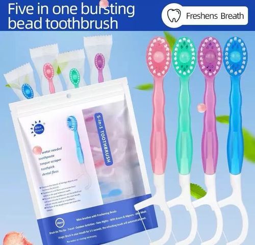 All-in-one oral care on the go! This 5 in 1 mini toothbrush includes floss, tongue scraper, and toothpaste for quick, no-rinse cleaning perfect for travel and busy mornings.