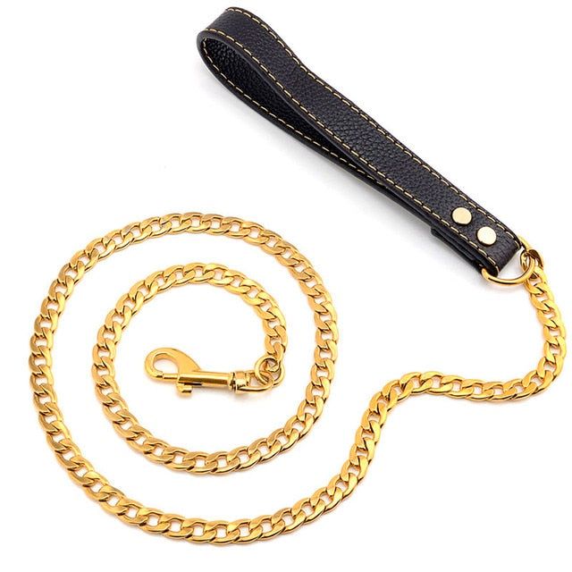 Beautiful 18K Plated Golden Dogs Leash with Collar Suit Cuban Link Chain Stainless Steel and a optional Dog Safety Leash with PU Leather Handle for Dog Lead