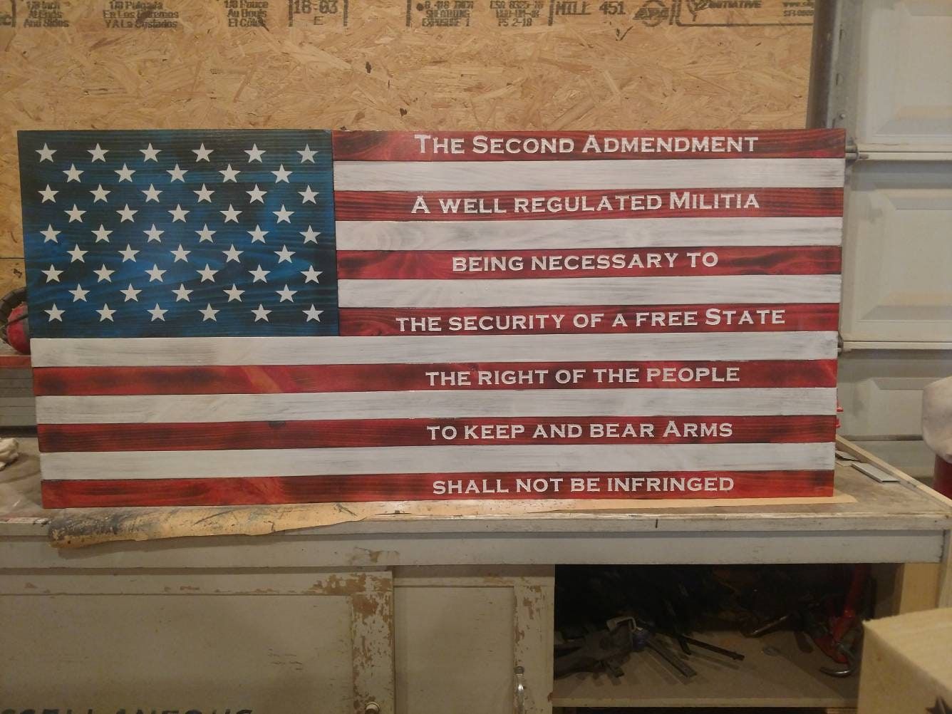 Large flag concealment box with second amendment carved in it