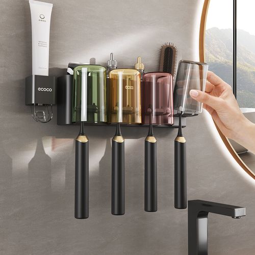 New Wall Mounted Toothpaste Toothbrush Cups Organizer Punch Free Toothbrush Holder Multifunctional Storage Rack