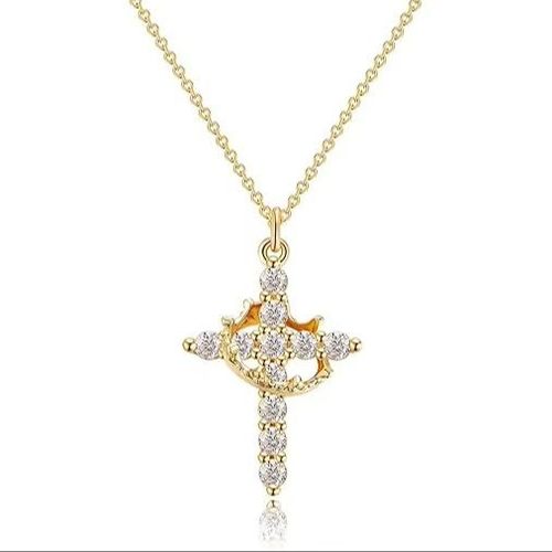 Gold Plated Zirconia Crown Cross Necklace