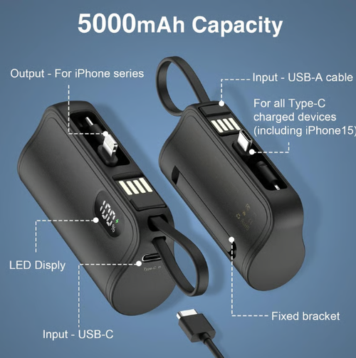 Mini Capsule Power Bank: 5000mAh Pocket-Sized Charger with Built-in Cable