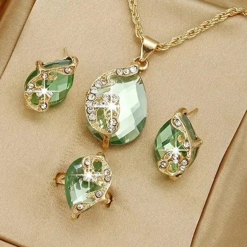 Vintage 4PCS Watch Gift Set Fashion Flower Green Diamond Women Watch Quartz Ladies Watch