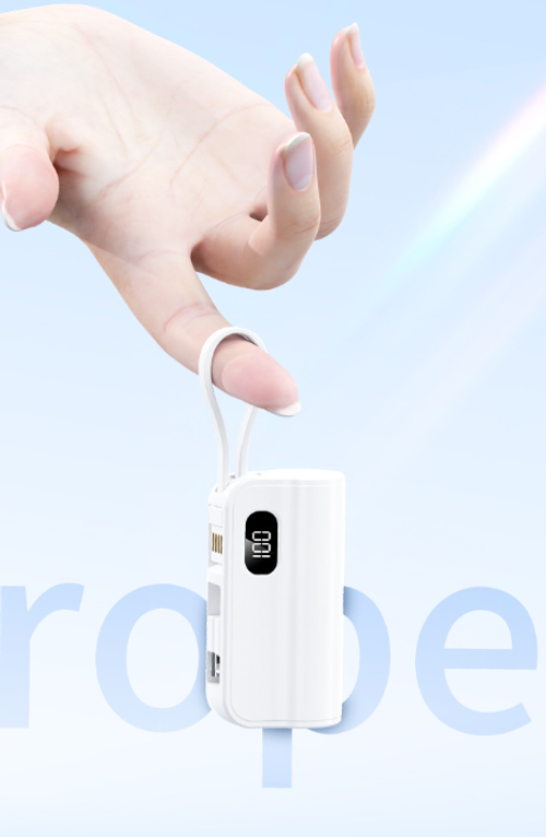 🎉⏰22.5W Fast Charging Pocket Capsule Emergency Power Bank with Built-in Cable, 5000mAh, White, Fast Charging Apple Head + Type-C