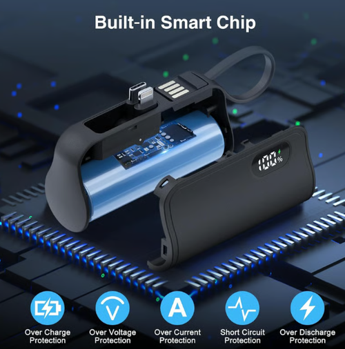 Mini Capsule Power Bank: 5000mAh Pocket-Sized Charger with Built-in Cable