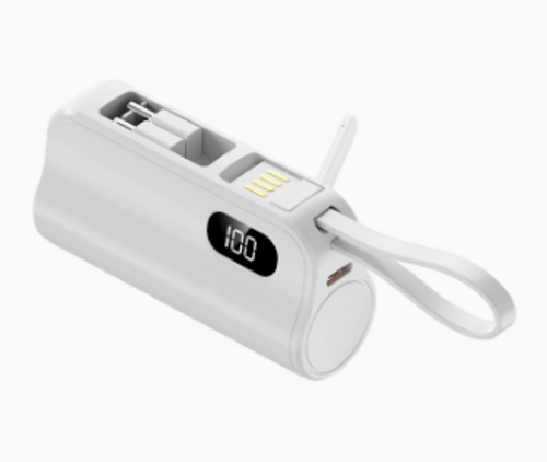 🎉⏰22.5W Fast Charging Pocket Capsule Emergency Power Bank with Built-in Cable, 5000mAh, White, Fast Charging Apple Head + Type-C