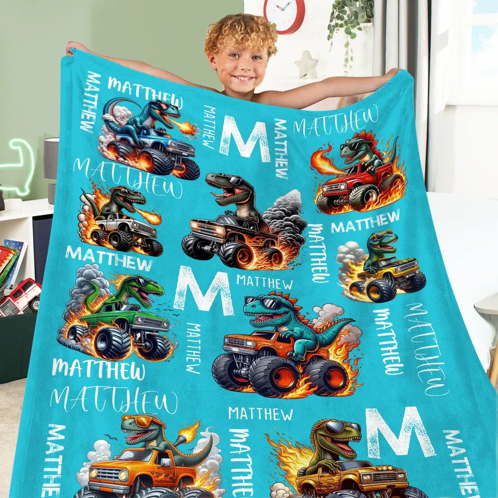 Personalized Multicolor Truck Dinosaur Soft Throw Blanket with Name and Initial Home Decor Birthday Gift for Kids Dinosaur Lovers